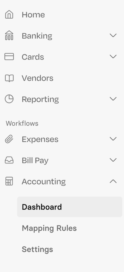 Sidebar menu with options: Home, Banking, Cards, Vendors, Reporting, Workflows, Expenses, Bill Pay, Accounting, Dashboard, Mapping Rules, Settings.
