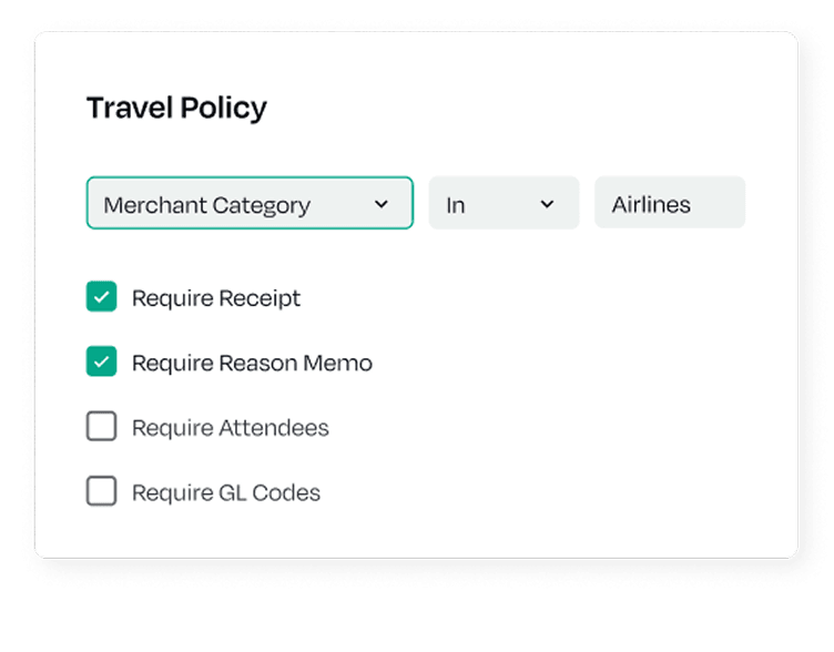 Travel policy form with options for merchant category, airlines, and checkboxes for requiring receipt, reason memo, attendees, and GL codes.