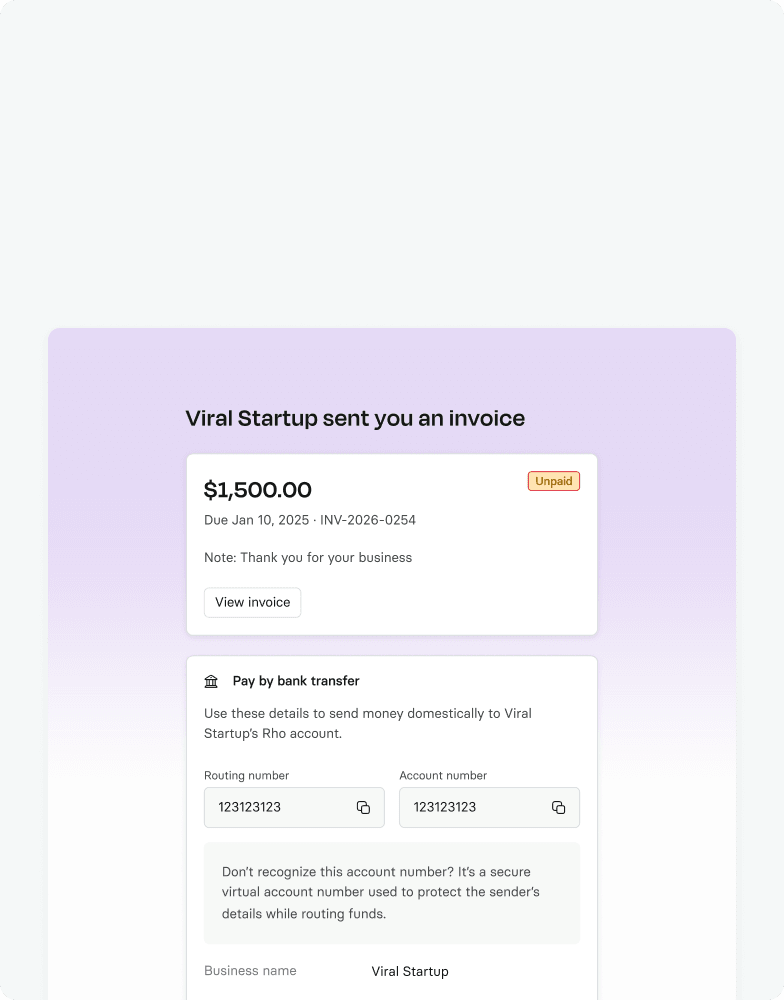 Invoice from Viral Startup for $1,500 due January 10, 2025, marked unpaid with payment instructions via bank transfer.